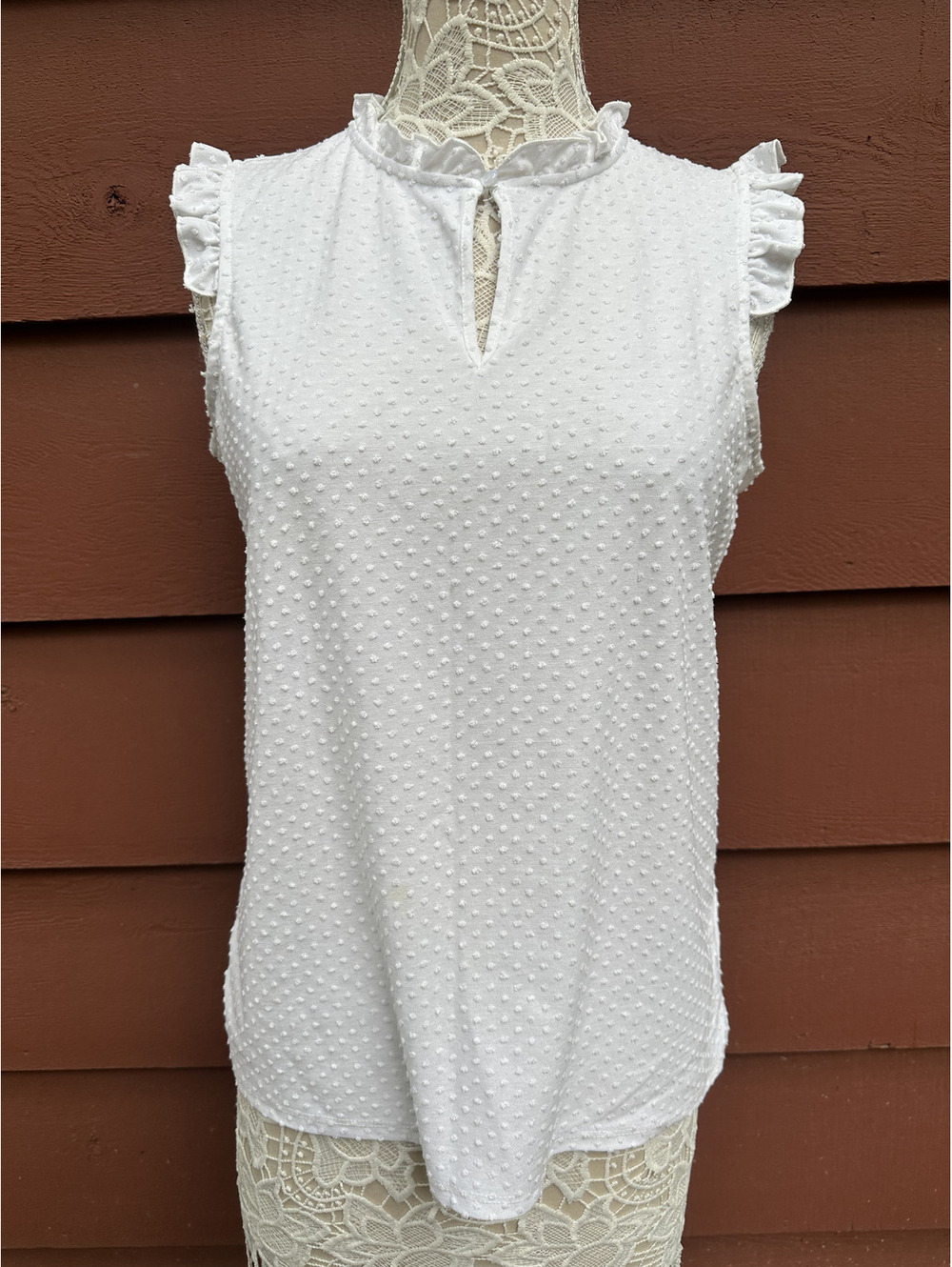 Adrianna Papell Sleeveless Swiss Dot Blouse with Ruffled Neckline
